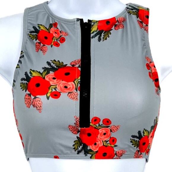 Tankini Top Classic Zipper in Silver and Rose Red Print Size Small - Picture 1 of 8